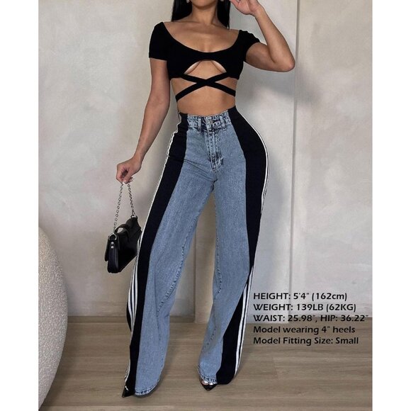 Womens Wide Leg Stretch Jeans High Waisted Color Block Casual Pants - Picture 2 of 8